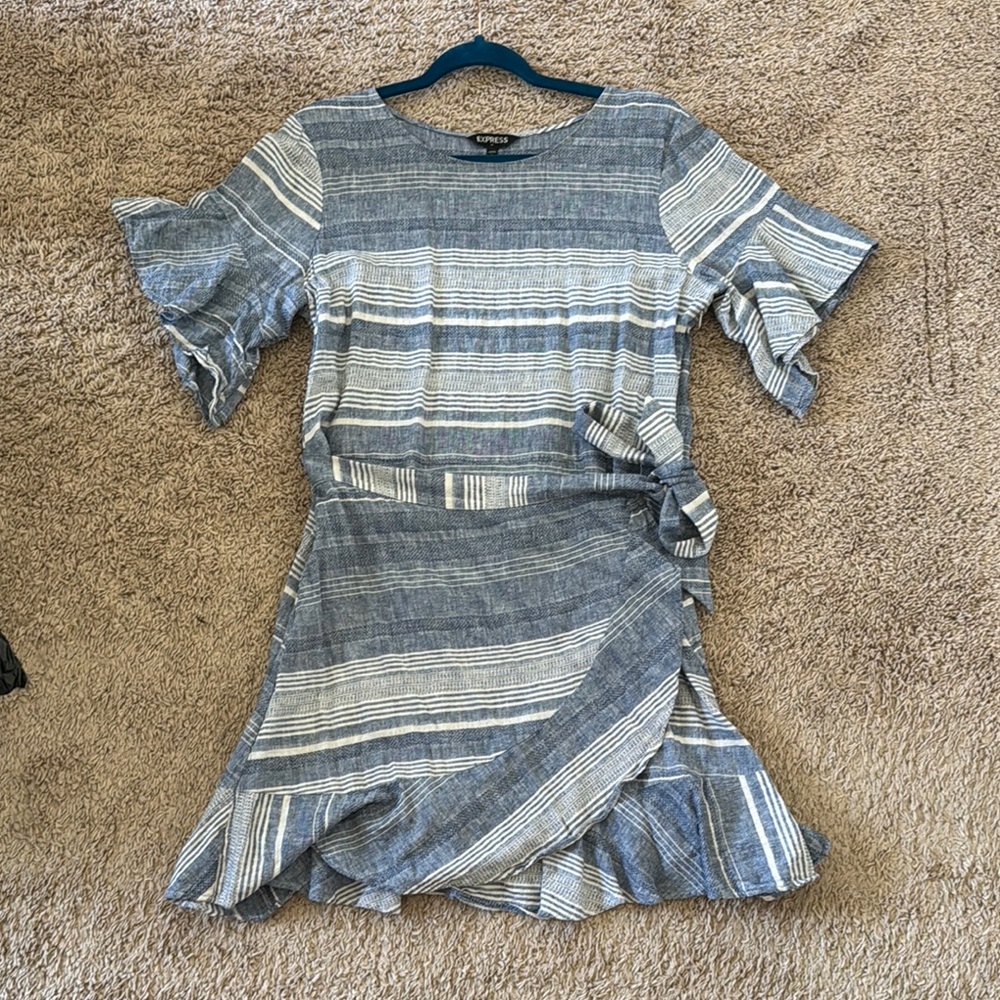 Express Blue and White Flutter Sleeve Wrap Mini Dress